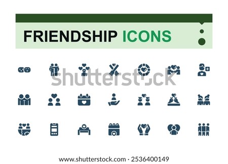 Friendship solid icon collections. Featuring person, set, app, love, respect, giving and more. Flat filled icons pack. Vector filled icons Collection.