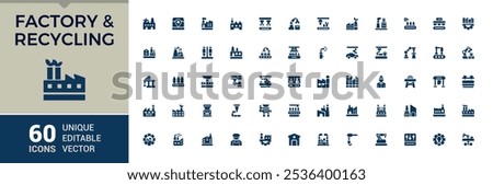 Factory icon pack. Contains related to process, production, manufacturer, productivity, industrial, processing and more. Filled symbol collection. Vector illustration in modern solid style.