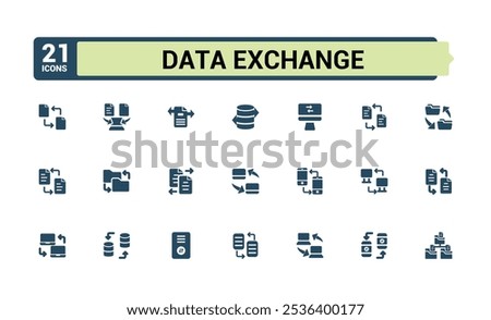 Data Exchange and Analytics solid web icon set. Icons set with database, data exchange, cloud data, data analytics and more. Filled icon collections. Editable vector illustration.