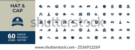 Hats And Cap filled icon collection. Includes icons for wear, turban, clothes, cap, head, doodle and more. Perfect for logos and infographics. Vector illustration in modern solid style.