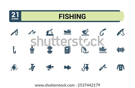 Fishing vector solid icon set. Includes icons for ocean, catch, lake, float, freshwater, compass and more. Flat filled style icons. Editable vector illustration.