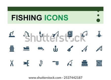 Fishing vector solid icon set. Includes icons for ocean, catch, lake, float, freshwater, compass and more. Flat filled style icons. Editable vector illustration.