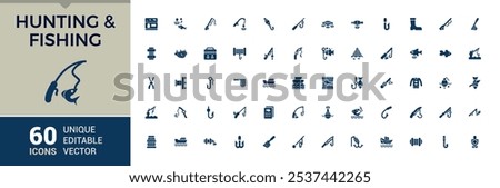 Fishing icon pack. Containing equipment, compass, fishery, ocean, animal and more. Minimal filled icons. Vector illustration in modern solid style.