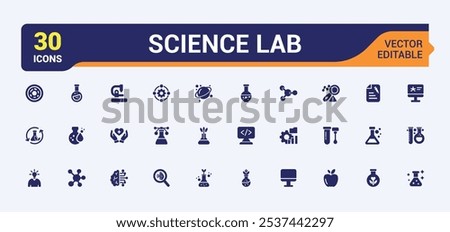 Science solid icons set. Contains related to analysis, health, test tube, chemistry, formula, medical, bulb, ecology. Modern flat icons. Editable vector illustration.