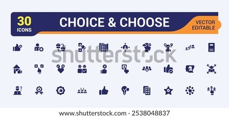 Choice icons in filled style. Includes flat solid voting, concept, favorite, ballot, opportunity, political and more. Minimalist flat solid icon.