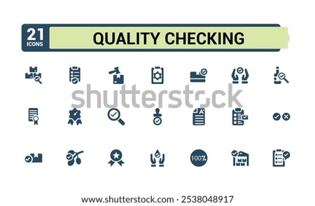 Quality Control solid icons set. Containing verify, specification, emploee, social, control, production and more. Set of filled pictogram. Vector illustration.