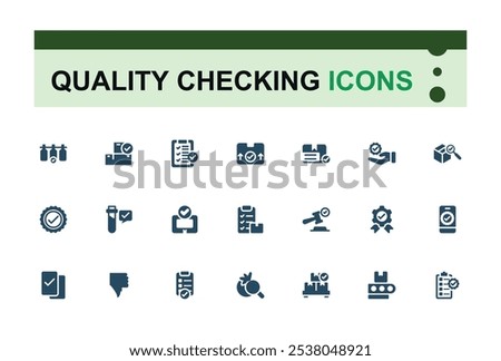 Quality Control solid icons set. Containing verify, specification, emploee, social, control, production and more. Set of filled pictogram. Vector illustration.