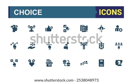 Set of Choice solid icons. Contains related to concept, count, favorite, check, political, ballot, decision, buttons. Minimal filled icons. Vector illustration.