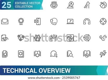 Technical Overview vector line icon set. Containing tech, line, cog, lens, overview, thin. Simple icon designs. Editable vector illustration.