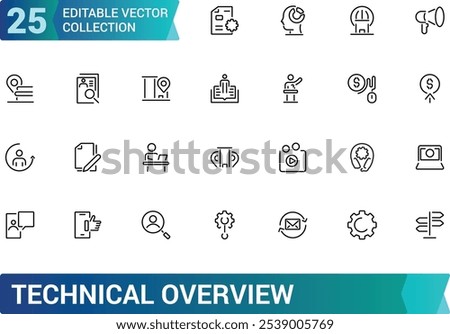 Technical Overview vector line icon set. Containing tech, line, cog, lens, overview, thin. Simple icon designs. Editable vector illustration.