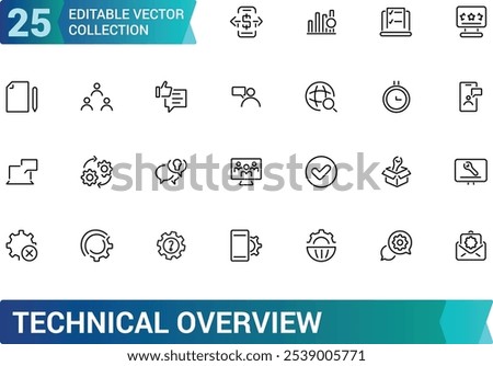 Technical Overview vector line icon set. Containing tech, line, cog, lens, overview, thin. Simple icon designs. Editable vector illustration.