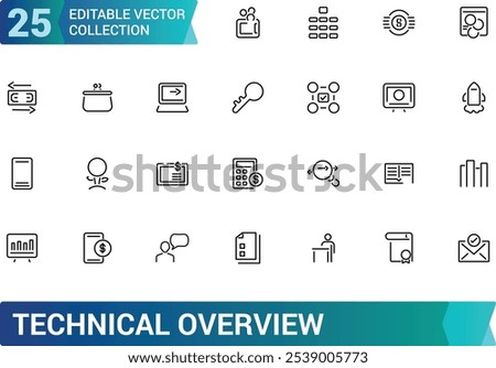 Technical Overview vector line icon set. Containing tech, line, cog, lens, overview, thin. Simple icon designs. Editable vector illustration.