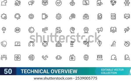 Technical Overview vector line icon set. Containing tech, line, cog, lens, overview, thin. Simple icon designs. Editable vector illustration.