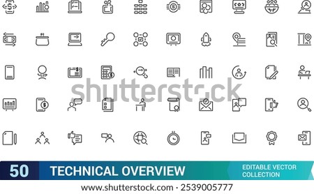 Technical Overview vector line icon set. Containing tech, line, cog, lens, overview, thin. Simple icon designs. Editable vector illustration.