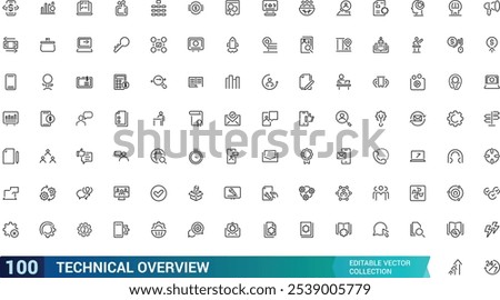 Technical Overview vector line icon set. Containing tech, line, cog, lens, overview, thin. Simple icon designs. Editable vector illustration.