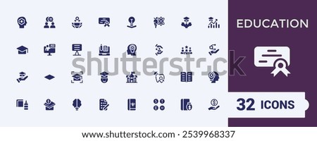 Set of Education solid icons. Includes flat solid college, scholarship, university, knowledge, training and more. Perfect for logos and infographics. Editable vector icon and illustration.