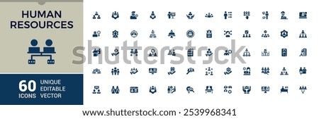 Human resources icons set in solid style. Containing employee, work, business, industry, hr, cycle economy. Filled concept icon. Simple flat vector.