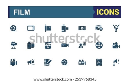 Set of vector filled icons for film. Sign and symbols in flat design cinema and movies with elements for mobile concepts and web apps. Collection modern infographic logo and pictogram.