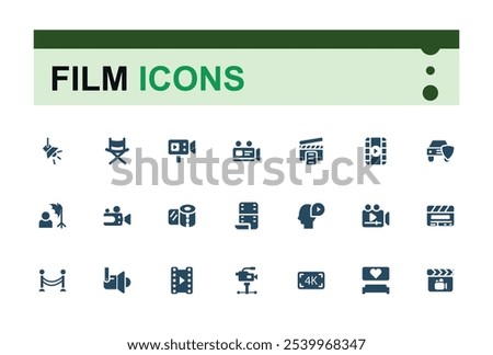 Set of vector filled icons for film. Sign and symbols in flat design cinema and movies with elements for mobile concepts and web apps. Collection modern infographic logo and pictogram.