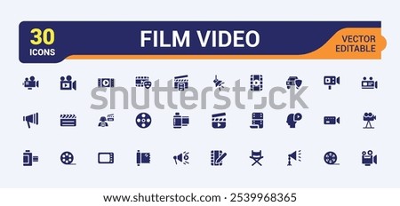 Set of vector filled icons for film. Sign and symbols in flat design cinema and movies with elements for mobile concepts and web apps. Collection modern infographic logo and pictogram.