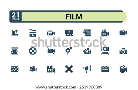 Set of vector filled icons for film. Sign and symbols in flat design cinema and movies with elements for mobile concepts and web apps. Collection modern infographic logo and pictogram.