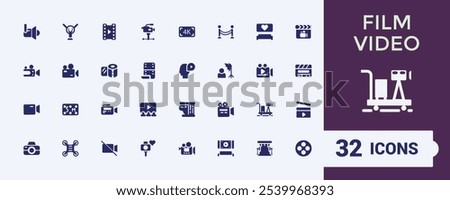 Set of vector filled icons for film. Sign and symbols in flat design cinema and movies with elements for mobile concepts and web apps. Collection modern infographic logo and pictogram.