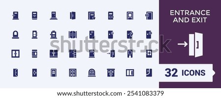 Entrance And Exit solid icon collections. Includes flat filled stroke, quit, white, approach, door and more. Simple icon designs. Editable vector illustration.