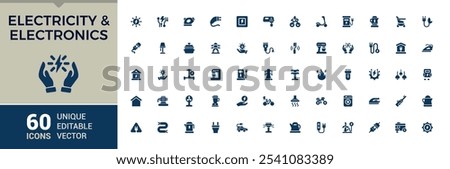 Set of Electricity And Electronics solid icons. Contains such icons as station, wind, charge, turbine, light, gas and more. Minimalist flat filled icon.