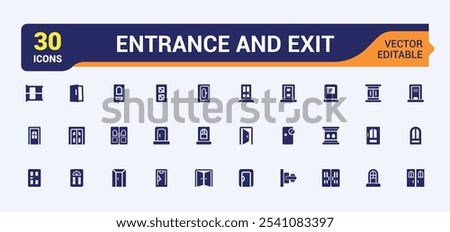 Entrance And Exit solid icon collections. Includes flat filled stroke, quit, white, approach, door and more. Simple icon designs. Editable vector illustration.