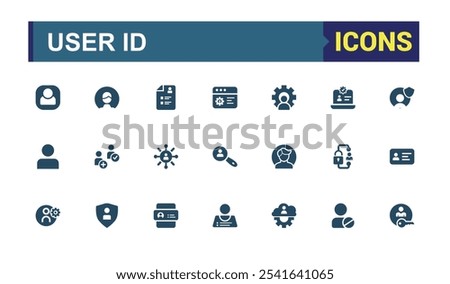 User Account vector solid icon set. Containing re, profile, authentication, settings, username, communication, pass, person. Flat UI icon design. Editable vector illustration.