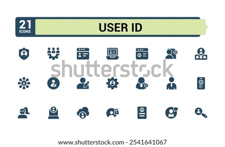 User Account vector solid icon set. Containing re, profile, authentication, settings, username, communication, pass, person. Flat UI icon design. Editable vector illustration.