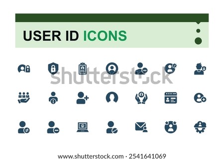 User Account vector solid icon set. Containing re, profile, authentication, settings, username, communication, pass, person. Flat UI icon design. Editable vector illustration.