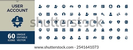 User Account icons in filled style. Includes icons for personal, business, settings, delete, pass, people, account, password. Minimalistic web and UI icons. Vector illustration.