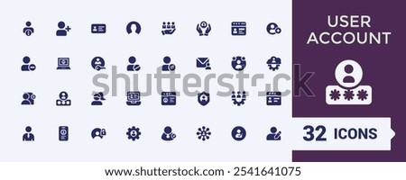 Set of User Account solid icons. Includes flat solid re, privacy, account, avatar, delete, privacy setting, 2fa and more. Filled icon collections. Editable vector illustration.