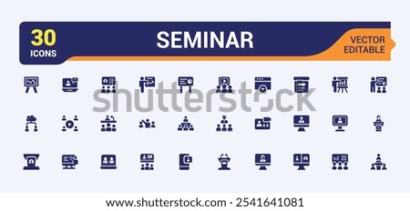 Seminar icon pack. Includes icons for teacher, 5on, man, group, teamwork, person, collaboration and more. Minimal filled icons. Editable vector icon and illustration.