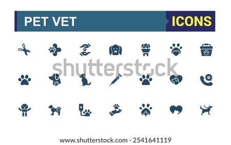 Pet Vet icons in filled style. Containing nature, color, turtle, reptile, store, flat lines, paw, pet. Flat UI icon design. Editable vector illustration.