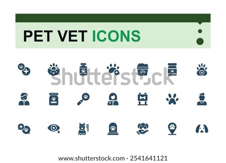 Pet Vet icons in filled style. Containing nature, color, turtle, reptile, store, flat lines, paw, pet. Flat UI icon design. Editable vector illustration.