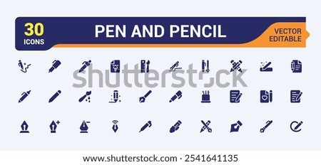 Pen And Pencil flat solid icon set. Contains such icons as fill, paintbrush, learn, cleaning, education, tools, business and more. Editable vector icon and illustration.