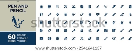 Pen And Pencil flat solid icon set. Featuring fill, simple, sign, caliper, selection, eraser and more. Simple filled vector. 