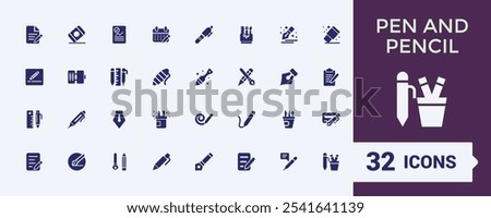 Pen And Pencil flat solid icon set. Contains such icons as fill, paintbrush, learn, cleaning, education, tools, business and more. Editable vector icon and illustration.