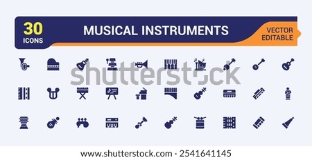 Musical Instruments icon collection. Includes flat solid dj, song, mixer, tambourine, player, collection, trombone, musical. Filled symbol collection. Vector illustration in modern filled style.