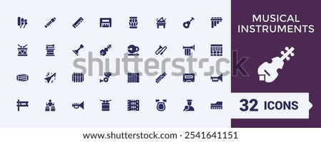 Musical Instruments icon collection. Includes flat solid dj, song, mixer, tambourine, player, collection, trombone, musical. Filled symbol collection. Vector illustration in modern filled style.