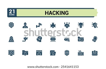 Hacking solid icon set. Related to scam, spyware, hacker, shield, virus, security, inspector, password. Minimalist flat filled icon. Vector icons Collection.