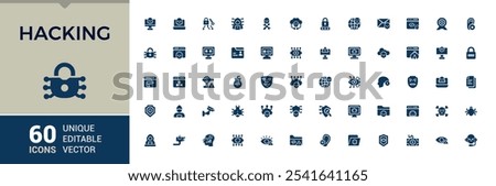 Hacking vector solid icon set. Containing hack, inspector, incognito, virus, protect, protection, threat and more. Pixel perfect. Vector illustration.