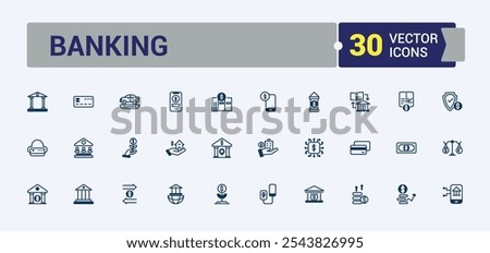 Bank icons set in line style. Contains such icons as credit, bank, business, chart, loan and more. Minimal linear icons. Vector icons editable stroke.