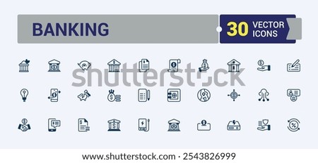 Bank icons set in line style. Contains such icons as credit, bank, business, chart, loan and more. Minimal linear icons. Vector icons editable stroke.