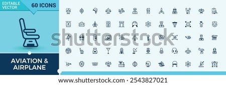 Aviation line icon collections. Related to activities, air travel, airline, airport, aircraft, airplane,  and more. Minimalistic web and UI icons. Editable stroke. Vector illustration.