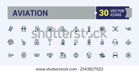 Aviation icon collection. Contains such icons as air travel, airplane, airport, airline, aircraft and more. Pixel perfect. Vector icons editable stroke.