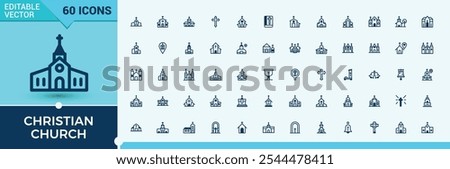 Set of Church line icons. Contains related to belief, church, building, doctrine, architecture, faith, exterior, christian. Collection for mobile and web apps. Vector icons editable stroke.