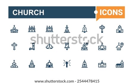 Set of Church line icons. Related to house, structure, christ, catholic, temple, building, doctrine and more. Minimalistic web and UI icons. Vector illustration in modern line style.